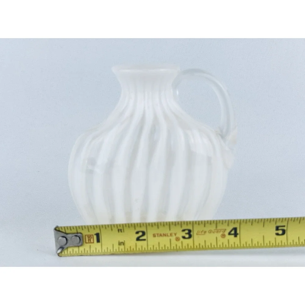 Vintage White Opalescent Swirl Glass Bottle Vase Pitcher Ribbon Hand Blown